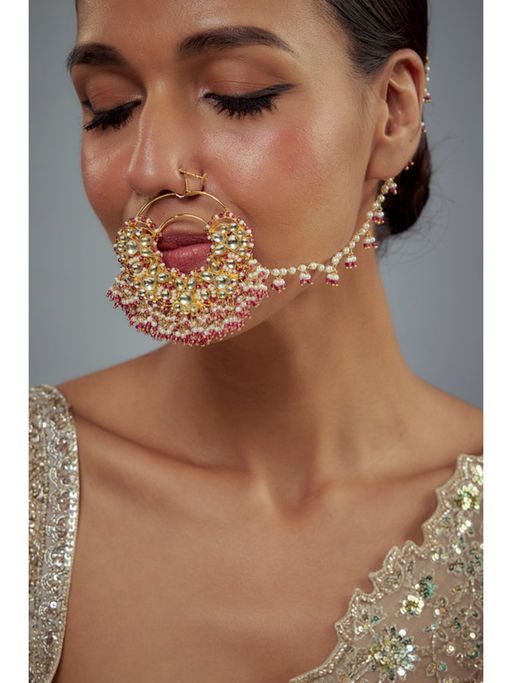 VIVINIA By Vidhi Mehra Saadgi Gold Plated Pink Kundan Polki Womens Nath With Chain
