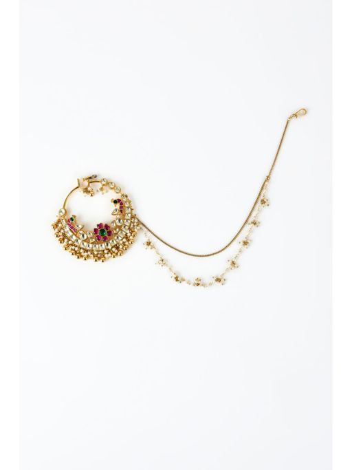 VIVINIA By Vidhi Mehra Saadgi Gold Plated Red Kundan Polki Womens Nath With Chain
