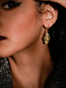 Divas Mantra - 92.5 Sterling Silver Golden White Earrings with Blue Lace Agate Cabusion