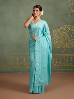 Likha - Satin Chiffon All Over Embellished Turquoise Saree with Unstitched Blouse LIKPETSAR11