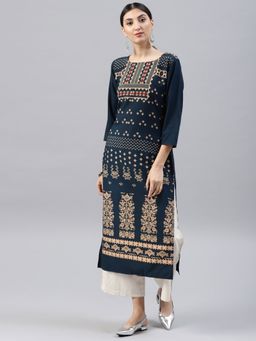 Vaamsi - Women Navy Blue Crepe Printed Straight Kurta (PK1496)