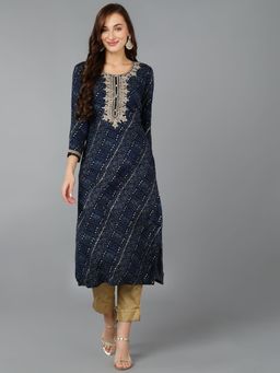 Vaamsi - Women Navy Blue Viscose Rayon Embroidered Bandhani Printed Straight Kurta (VCK9066)