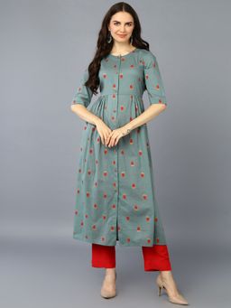 Vaamsi - Women Cotton Green Ethnic Motif Printed Flared Kurta (VCK9339)