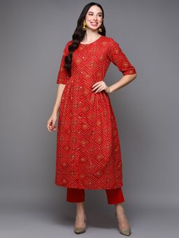 Vaamsi - Women Cotton Red Bandhani Printed Flared Kurta (VCK9340)