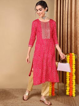 Vaamsi - Women Pink Viscose Rayon Bandhani Embroidered Straight Kurta (VCK9622)