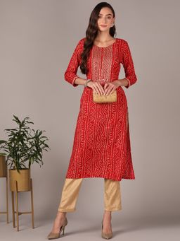 Vaamsi - Women Red Viscose Rayon Bandhani Embroidered Straight Kurta (VCK9624)