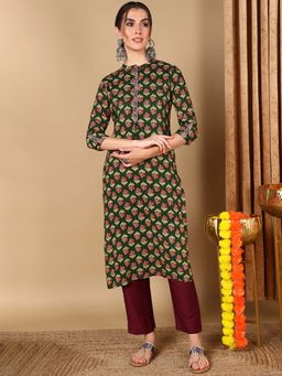 Vaamsi - Women Green Cotton Floral Printed Straight Kurta (VCK9672)