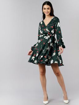Vaamsi - Women Green Polyester Floral Printed Fit and Flared Dress (VD1160) (Set of 2)