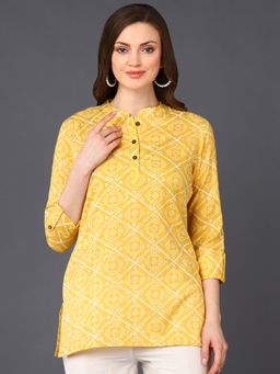 Vaamsi - Women Cotton Blend Yellow Bandhani Printed Straight Tunic (VT1233)