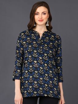 Vaamsi - Women Cotton Blend Black Ethnic Motif Printed Straight Tunic (VT1240)