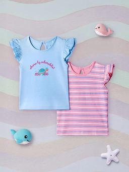 Nautinati - Pink and Blue Printed and Striped Tops for Girls (Pack of 2)