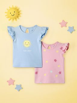 Nautinati - Pink and Blue Printed Tops for Girls (Pack of 2)