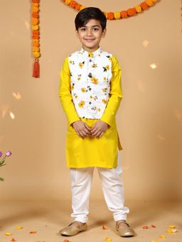 Nautinati - Yellow and White Festive Kurta and Churidar With Block-Printed Jacket