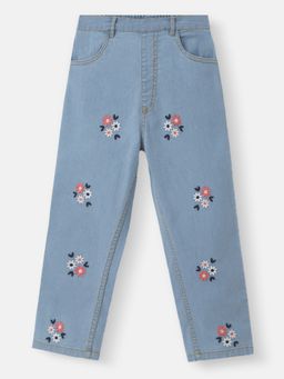 Nautinati - Girls Embroidered Flowers Elasticated Waistband Cotton Denim Jeans