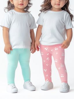 Nautinati - Girls Cotton Solid and All-over Cherry Printed Leggings (Pack of 2)