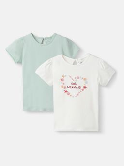 Nautinati - Girls Cotton Typography and Solid Gathered Sleeves Top (Pack of 2)
