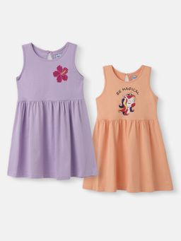 Nautinati - Girls Unicorn and Floral Printed Cotton Dresses (Pack of 2)