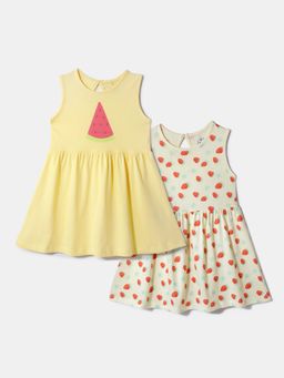 Nautinati - Yellow and White Printed Dresses for Girls (Pack of 2)