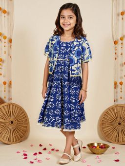 Nautinati - Navy Blue Festive Printed Dress with Jacket for Girls