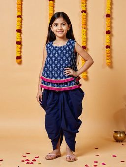 Nautinati - Navy Blue Festive Printed Top and Dhoti with sling for Girls