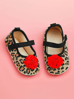 Baby Moo - Leopard Printed Rose Applique Anti-Skid Ballerina Beige