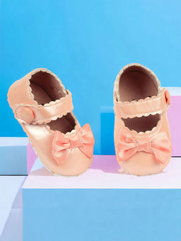Baby Moo - Bow Applique Velcro Strap Anti-Skid Ballerina Peach