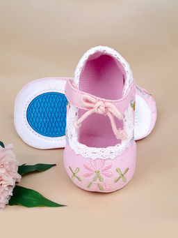 Baby Moo - Fancy Floral Embroidered Velcro Straps Anti-Skid Booties Pink