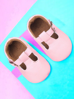 Baby Moo - Textured Leather T-Strap Velcro Buckle Anti-Skid Ballerina Pram Shoes Pink