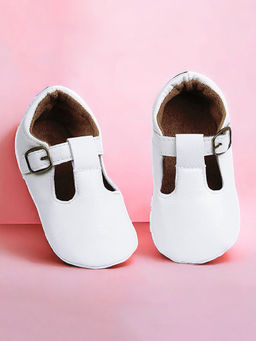 Baby Moo - Textured Leather T-Strap Velcro Buckle Anti-Skid Ballerina Pram Shoes White