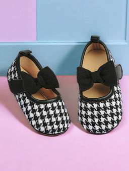 Baby Moo - Houndstooth Print with Bow Velcro Strap Ballerina Black