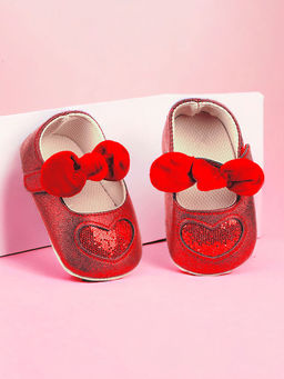 Baby Moo - Sequin Heart Bow Velcro Strap Anti-Skid Ballerina Red