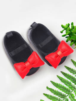 Baby Moo - Partywear Shiny Bow Elastic Strap Anti-Skid Ballerina Black