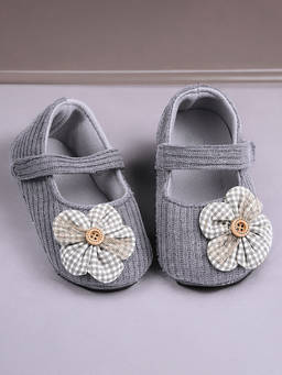 Baby Moo - Flower Button Velcro Strap Ribbed Anti-Skid Ballerina Grey