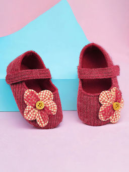 Baby Moo - Flower Button Velcro Strap Ribbed Anti-Skid Ballerina Red