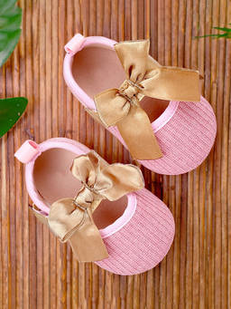 Baby Moo - Bow Knot Velcro Strap Ribbed Anti-Skid Ballerina Pink