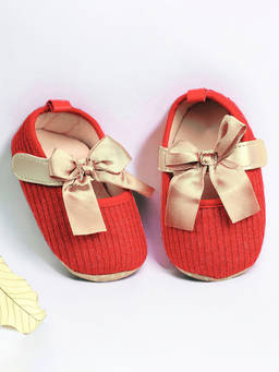 Baby Moo - Bow Knot Velcro Strap Ribbed Anti-Skid Ballerina Red