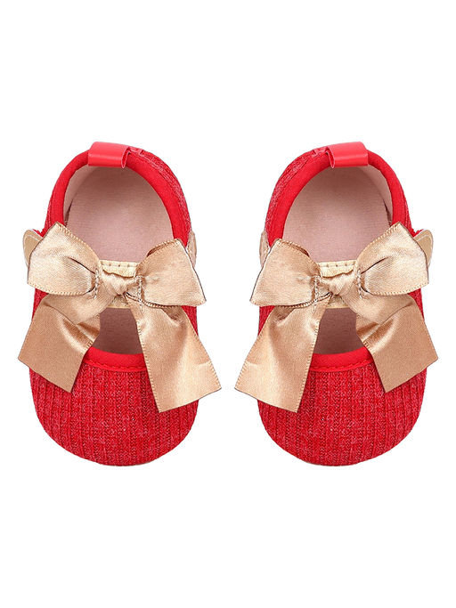 Buy Baby Moo Bow Knot Velcro Strap Ribbed Anti-Skid Ballerina Red