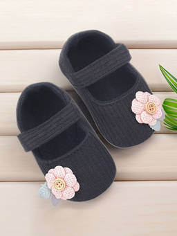 Baby Moo - 3D Flower Button Velcro Strap Anti-Skid Ballerina Black
