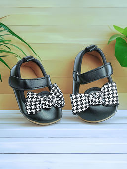 Baby Moo - Houndstooth Bow Knot Velcro Strap Anti-Skid Ballerina Black