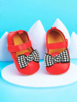 Baby Moo - Houndstooth Bow Knot Velcro Strap Anti-Skid Ballerina Red