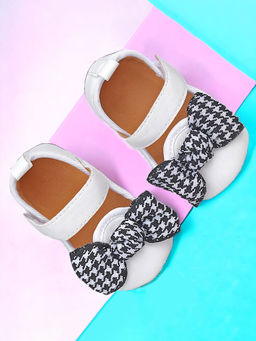 Baby Moo - Houndstooth Bow Knot Velcro Strap Anti-Skid Ballerina White