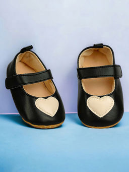 Baby Moo - Beige Heart Velcro Strap Anti-Skid Ballerina Black