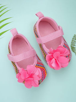 Baby Moo - Embellished Petals Colourful Woven Anti-Skid Ballerina Pink