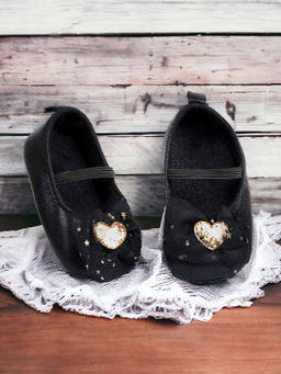 Baby Moo - Embellished Bow Glittery Heart Anti-Skid Ballerina Black