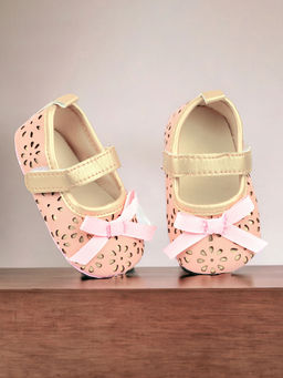 Baby Moo - Flower Cut-Out Bow Velcro Strap Anti-Skid Ballerina Pink