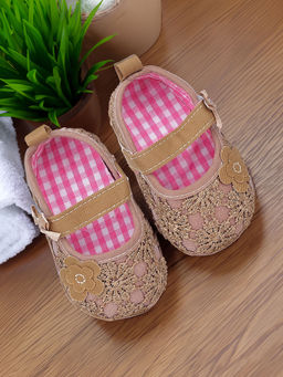 Baby Moo - Floral Applique Lace Velcro Strap Ballerina Gold