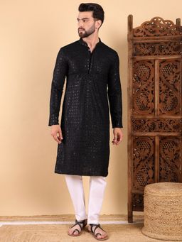 ETHNIC BAY - Men Black Viscose Rayon Embroidered Straight Kurta