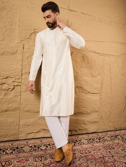 ETHNIC BAY - Men Off White Viscose Rayon Embroidered Straight Kurta