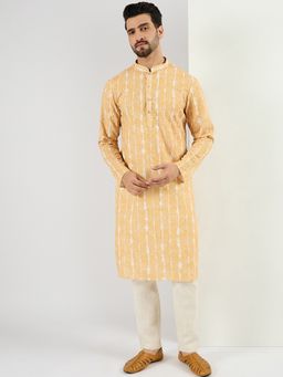 ETHNIC BAY - Men Yellow Viscose Rayon Shibori Embroidered Straight Kurta