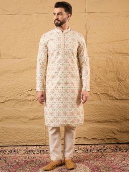 ETHNIC BAY - Men Off White Silk Blend Embroidered Straight Kurta